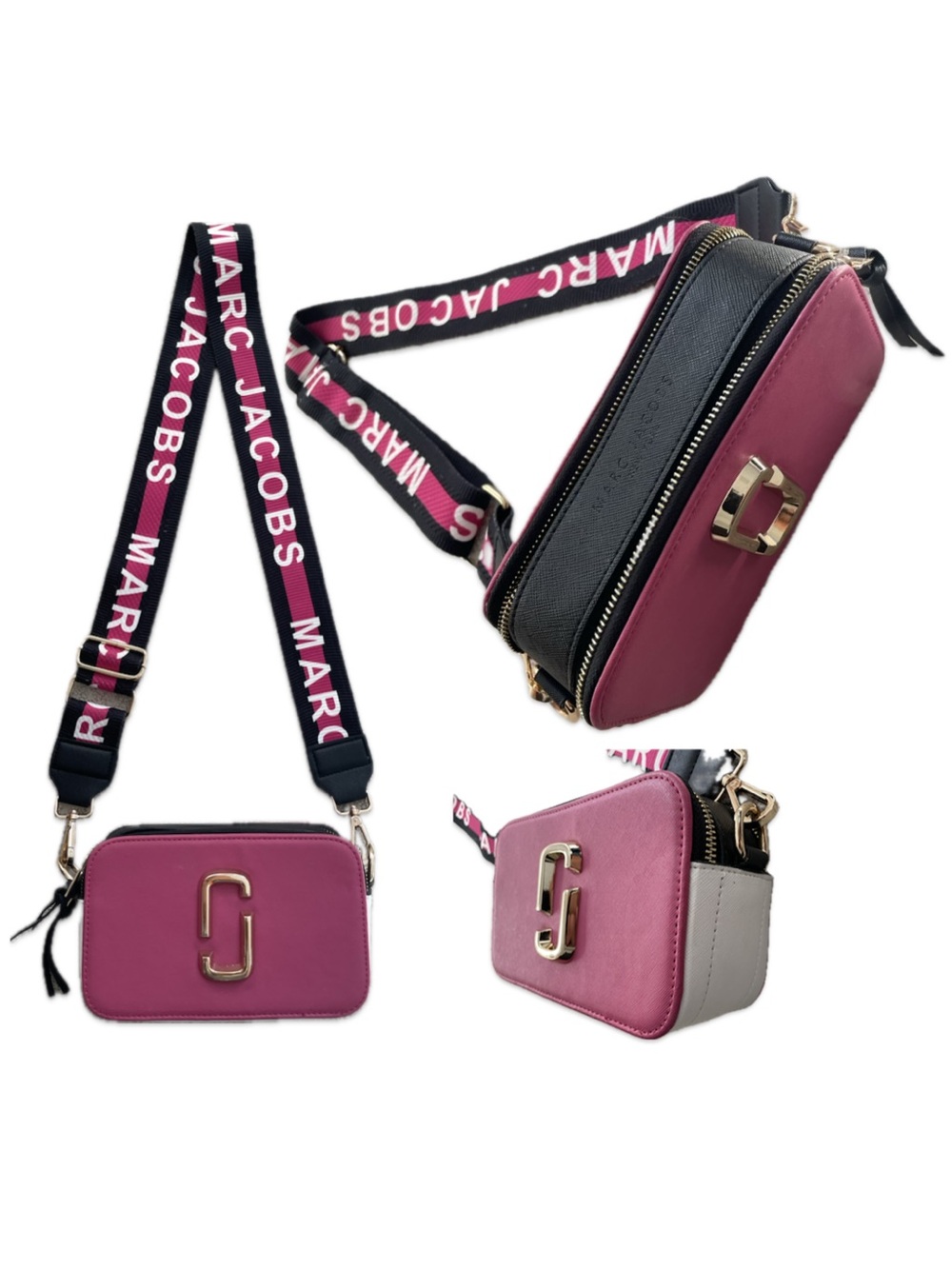 Marc Jacobs The Snapshot Vivid Pink Crossbody Bag Black Logo Webbing Strap NWOT